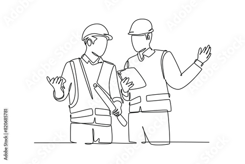 Single one line drawing of young construction manager giving instruction to foreman coordinator. Building architecture business concept. Modern continuous line draw design graphic vector illustration
