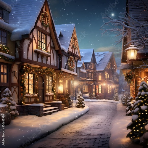 Snowy street in the village at night. Christmas and New Year background.