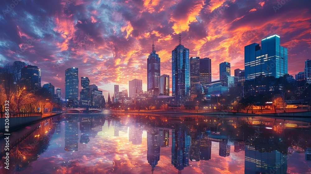Obraz premium Majestic Cityscape Against Fiery Sunset Sky Reflected in Tranquil River Below
