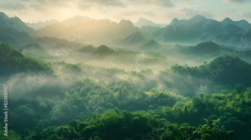 Majestic Misty Mountain Landscape at Sunrise with Lush Green Valleys Beneath © Kwanjira