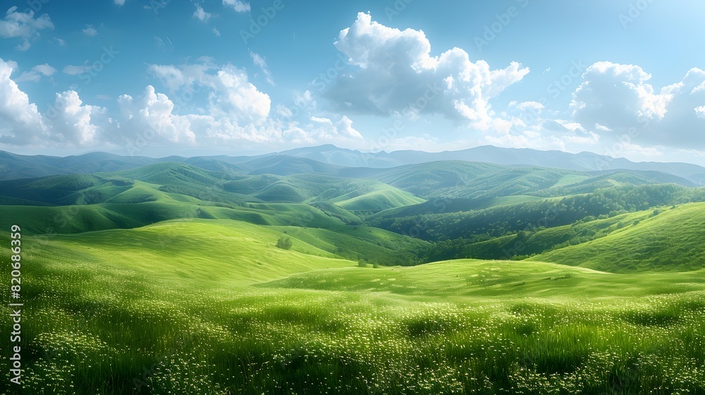 Mesmerizing Panoramic Landscape of Serene Countryside with Lush Green Meadows and Distant Mountains Under Clear Blue Sky