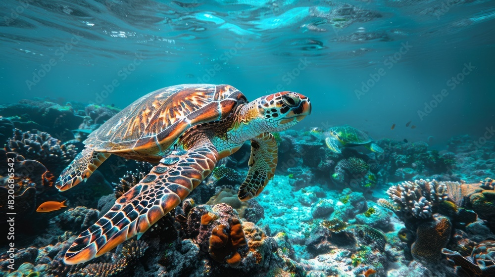 Fototapeta premium green turtle swimming in blue ocean,great barrier reef. 