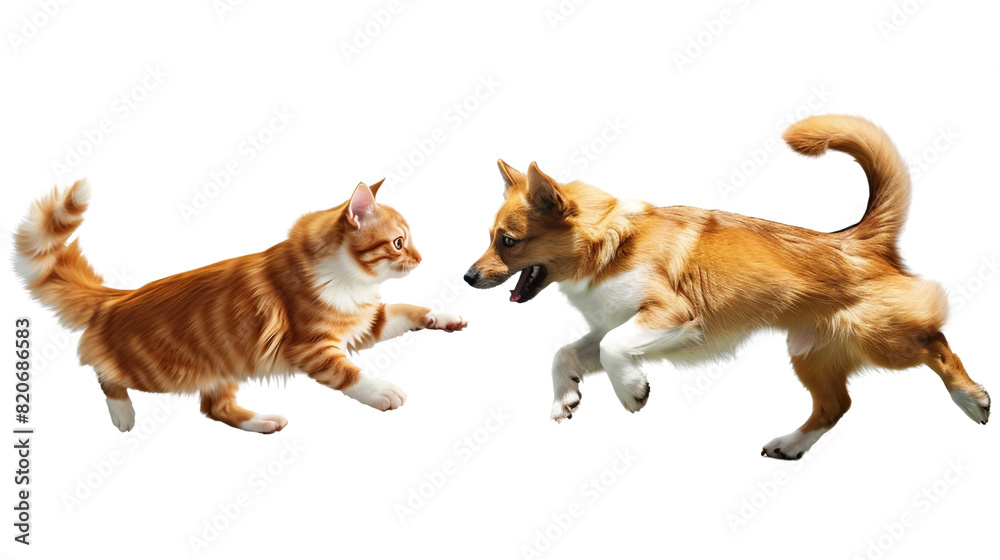Playful dog and cat chasing each other on a transparent background Playful dog and cat chasing each other on a transparent background
