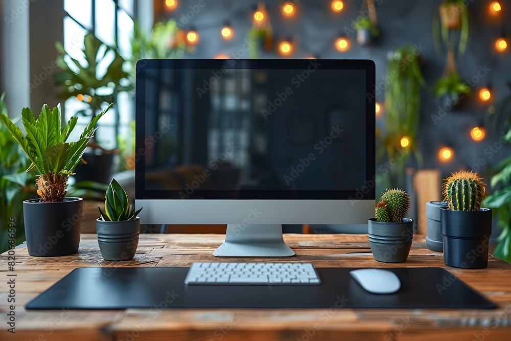 Modern Home Office Desk with Computer Monitor and Potted Plants for Work and Productivity Modern Home Office Desk with Computer Monitor and Potted Plants for Work and Productivity