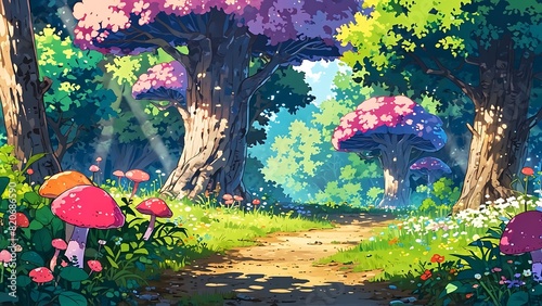 Animated anime landscape panorama of a magical mushroom tree with greenery summer scene photo