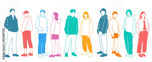 Group men,  women and teenagers stand, different colors, cartoon character, silhouettes standing  people, design concept of flat icon, hand draw vector illustration,isolated on white