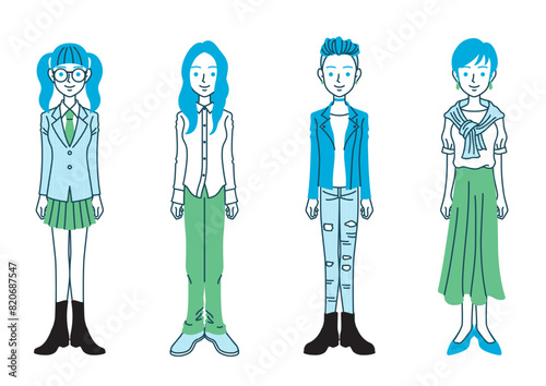 いろいろな髪型と服装の女性の全身イラスト