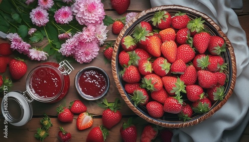 Panier et confiture de fraises