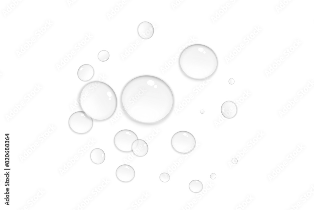 Realistic water drops on transparent background. Natural water droplet isolated on white. Summer product design element, PNG. Vector illustration Realistic water drops on transparent background. Natural water droplet isolated on white. Summer product design element, PNG. Vector illustration