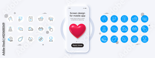 Phone mockup with 3d heart icon. Approved checklist, Pets care and Corrupt line icons. Pack of Sea mountains, Approved, Cursor icon. Winner cup, Pumpkin seed, Shopping cart pictogram. Vector