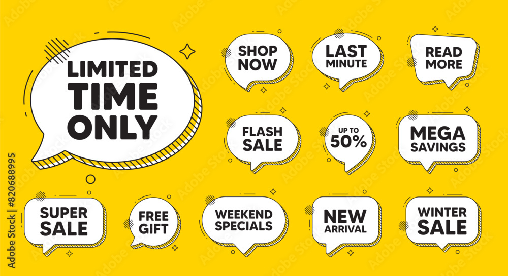 Obraz premium Offer speech bubble icons. Limited time tag. Special offer sign. Sale promotion symbol. Limited time chat offer. Speech bubble discount banner. Text box balloon. Vector