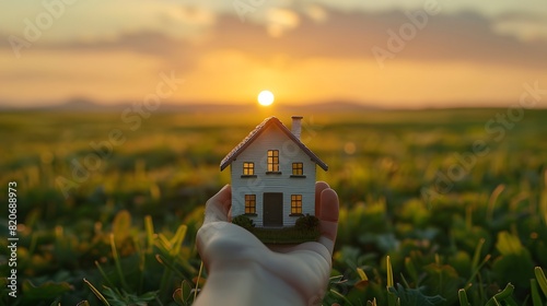miniature house held delicately by a human hand against a backdrop of a vast, open field during sunset. The house is detailed with multiple windows, a sloped roof, and a front door.  photo