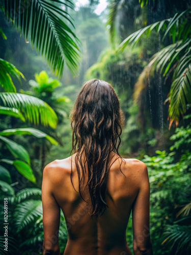 Sexy girl in raining jungle palms. Beautiful female naked back