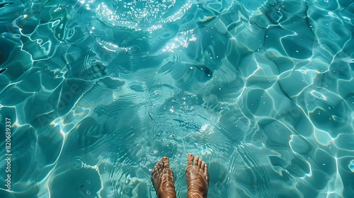 A pair of legs submerged in clear blue water. The water's surface is rippled, reflecting the sunlight and creating a shimmering effect photo