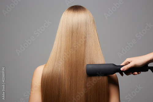 beautiful blond hair woman. Care and straightening hair with an iron photo