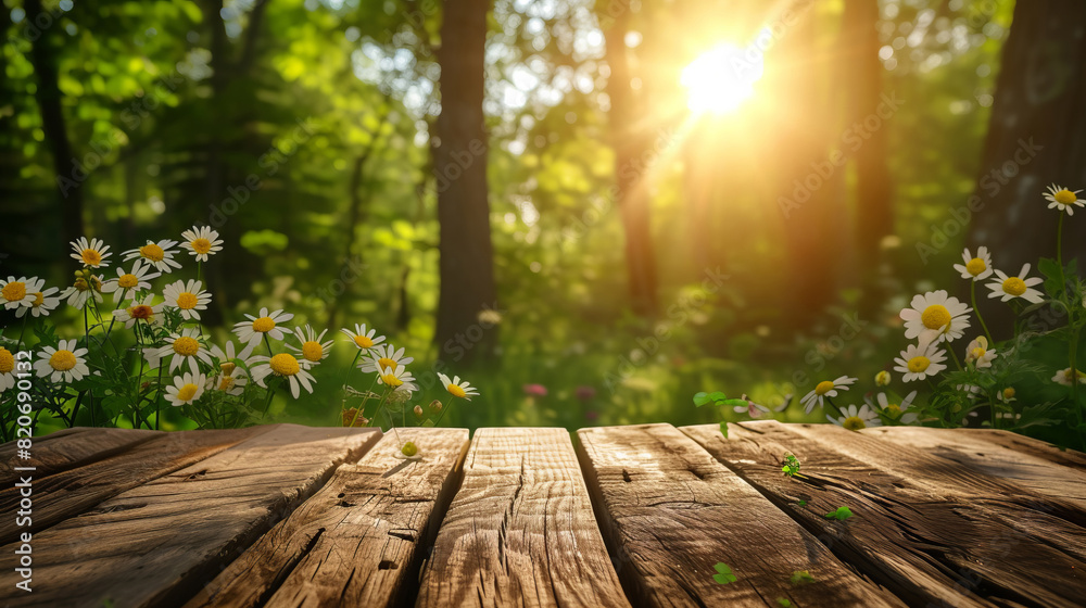 An empty wooden table in springtime in sunny rays. An empty wooden table in springtime in sunny rays.