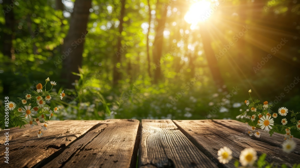 An empty wooden table in springtime in sunny rays.