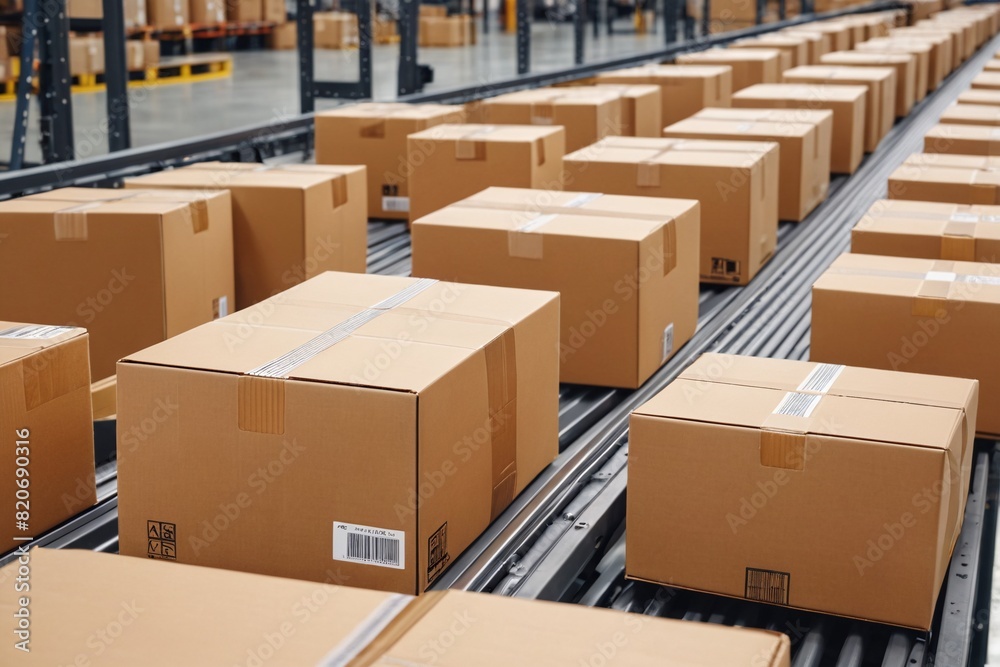 Closeup of cardboard box packages, moving along a conveyor belt in a warehouse fulfillment facility, e-commerce, delivery, automation, and products. Closeup of cardboard box packages, moving along a conveyor belt in a warehouse fulfillment facility, e-commerce, delivery, automation, and products.