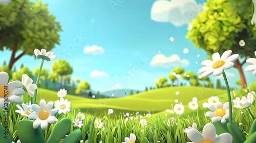 Lush Green Meadow with Blooming White Daisies Under Sunny Blue Sky