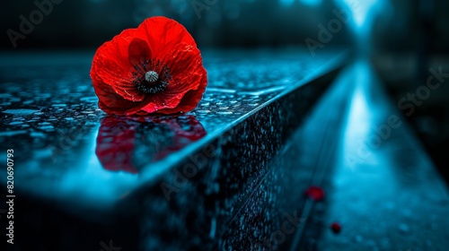 Honoring fallen heroes red poppy close up on a solemn war memorial, a heartfelt tribute