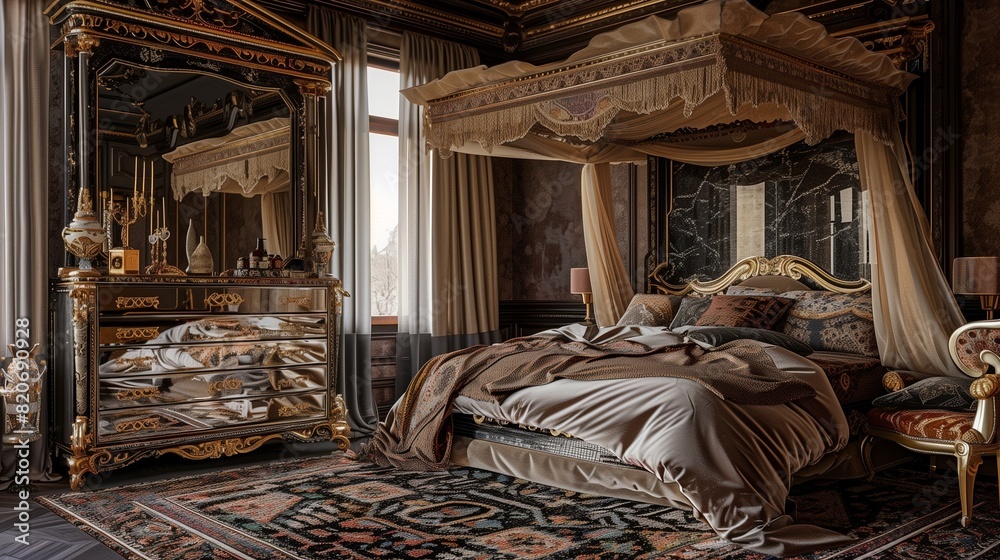 A bedroom with a chic, mirrored dresser, a luxurious bed canopy, and a soft, patterned area rug A bedroom with a chic, mirrored dresser, a luxurious bed canopy, and a soft, patterned area rug
