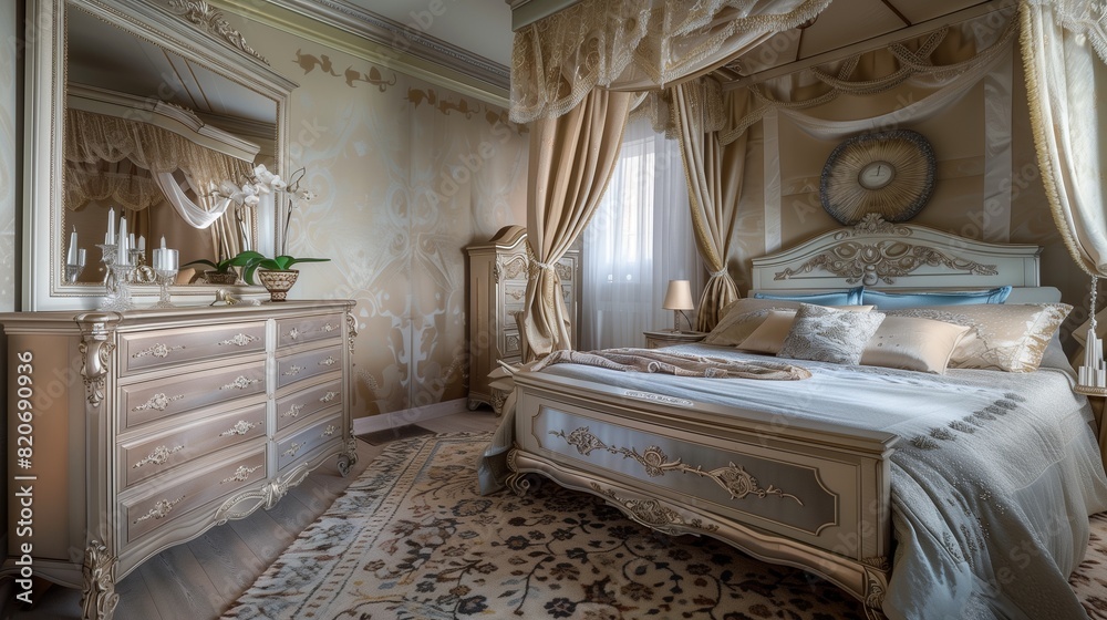 A bedroom with a chic, mirrored dresser, a luxurious bed canopy, and a soft, patterned area rug A bedroom with a chic, mirrored dresser, a luxurious bed canopy, and a soft, patterned area rug