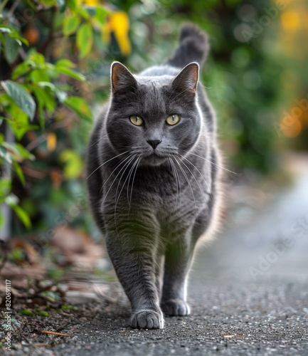 Gray Cat Walking on Sidewalk with Green Bushes