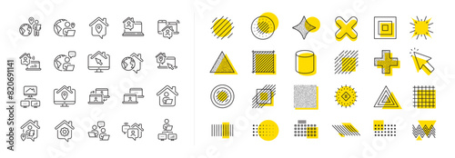 Remote worker, Freelance job, Office employee. Design shape elements. Work at home line icons. Stay at home, internet work, remote teamwork line icons. Vector