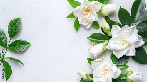 fresh Gardenia jasmine flowers and white space for text ,Tender peonies on background with copy space ,Abstract natural floral frame layout with text space ,Romantic feminine composition