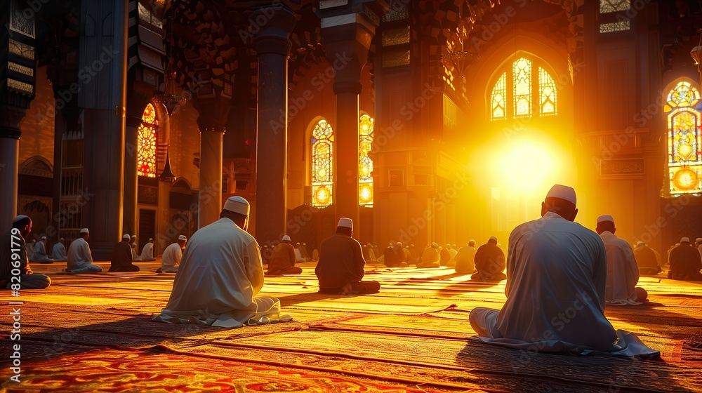 Sunrise Prayer Inside Majestic Mosque with Devotees - ai generative Sunrise Prayer Inside Majestic Mosque with Devotees - ai generative