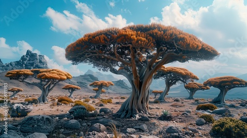 Dragon Blood Trees in Alien Landscape Under Blue Sky - ai generative