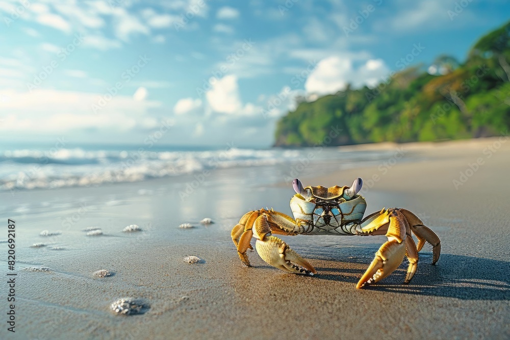 Obraz premium A closeup of a crab on the beach with the ocean in the background.