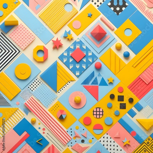 AI Generate of Background texture of Fashion Papers in Memphis Geometry Style. Yellow, blue, light blue, red and pastel pink colors. Top view, flat lay.