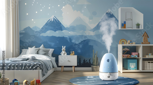 Air humidifier in the children's room, aroma oil diffuser at home. Concept of healthy lifestyle, wellness and baby care. photo