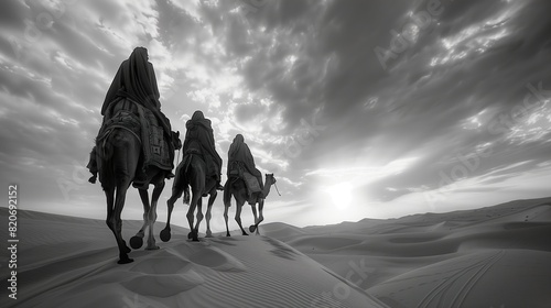 Camels and Riders Crossing Desert Dunes at Sunset in Black and White - ai generative