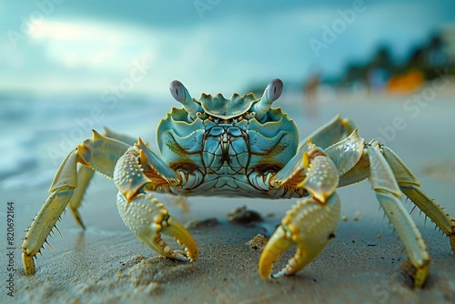 A closeup of a crab on sand with blurred background