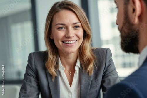 A happy corporate interview between a European male manager and a famale candidate. Young businesswoman smiling at colleague during a productive meeting in a modern office setting photo