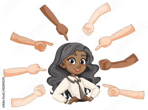 Illustration of hands pointing at a smiling woman