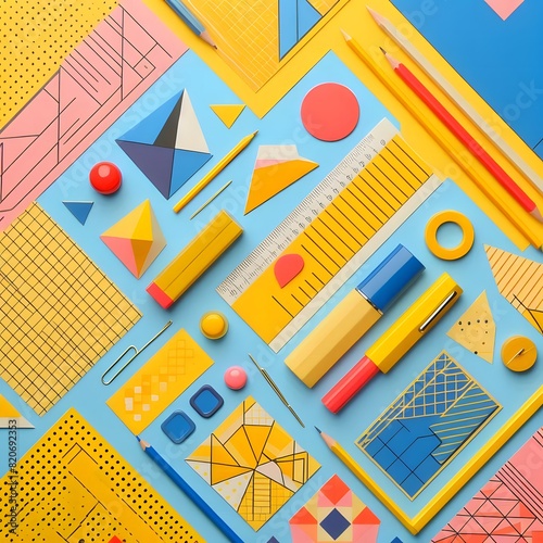 AI Generate of Background texture of Fashion Papers in Memphis Geometry Style. Yellow, blue, light blue, red and pastel pink colors. Top view, flat lay.