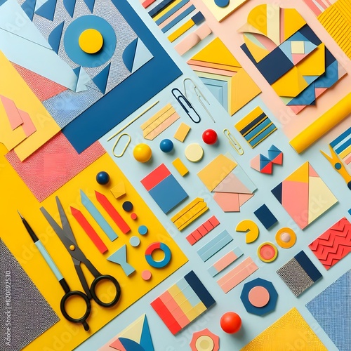 AI Generate of Background texture of Fashion Papers in Memphis Geometry Style. Yellow, blue, light blue, red and pastel pink colors. Top view, flat lay.