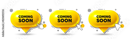 Chat speech bubble 3d icons. Coming soon tag. Promotion banner sign. New product release symbol. Coming soon chat offer. Speech bubble banners. Text box balloon. Vector