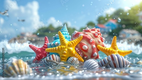 Colorful seashells and starfish on the beach photo