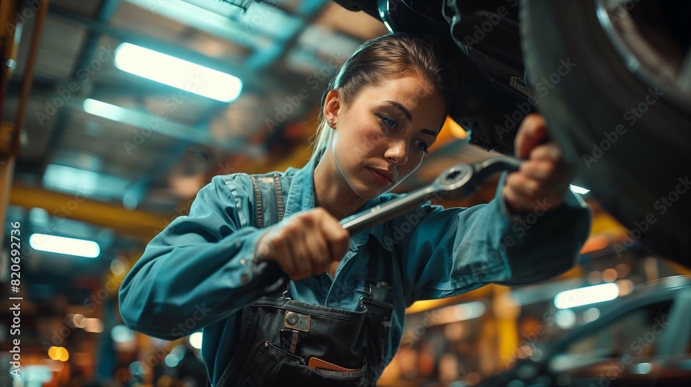 Female Mechanic with Wrench in Automotive Workshop