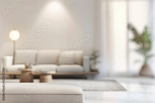 Blurred view of light living room with sofa and soft bench - Generative ai