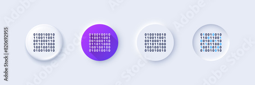 Binary code line icon. Neumorphic, Purple gradient, 3d pin buttons. Computer machine code sign. Computing data symbol. Line icons. Neumorphic buttons with outline signs. Vector