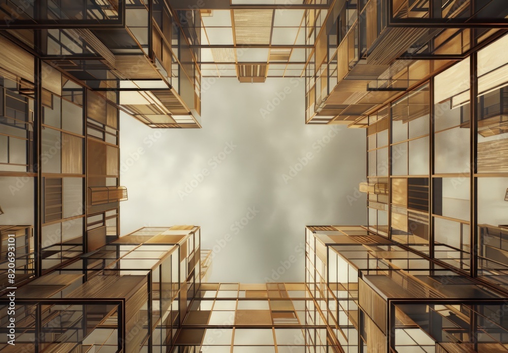 Obraz premium a photograph of two skyscrapers made out of gold and glass that have their frames filled with stacked brown wooden boxes