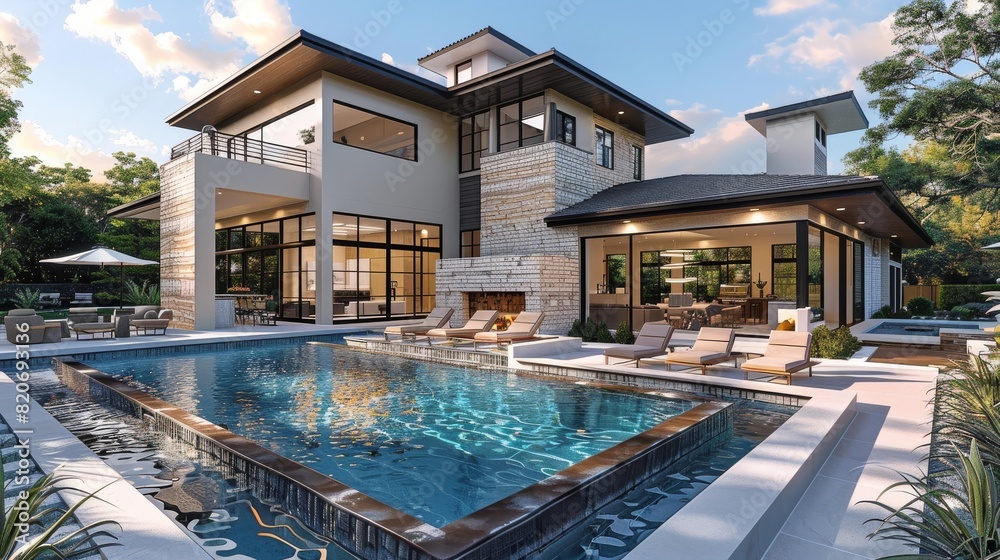 Modern two-story house with beige exterior and stone accents, featuring a spacious backyard with an infinity pool and hot tub. The patio area includes lounge chairs, a seating area. Generative AI.