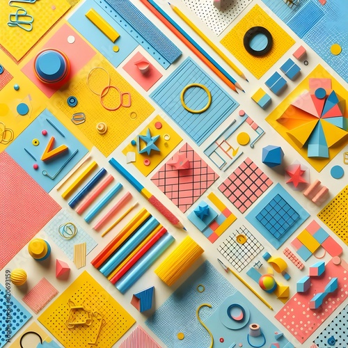 AI Generate of Background texture of Fashion Papers in Memphis Geometry Style. Yellow, blue, light blue, red and pastel pink colors. Top view, flat lay.
