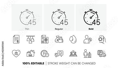 Baggage, Timer and Find user line icons. Pack of Court building, Qr code, Parking time icon. Smile, Truck parking, Oil drop pictogram. Attachment, Covid app, Change money. Say yes. Line icons. Vector