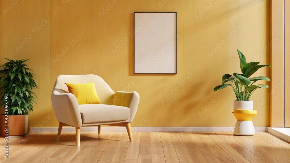 Photo of a modern interior design with a yellow wall mockup and armchair, wooden floor, minimal home decor Photo of a modern interior design with a yellow wall mockup and armchair, wooden floor, minimal home decor